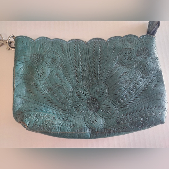 Vintage Gabriel S Hand Wristlet Dark Green Tool Stamped Leather Flower Desgin - Picture 2 of 7